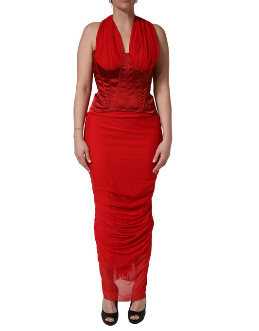 Dolce & Gabbana Red Halter Corset Sleeveless Sheath Dress