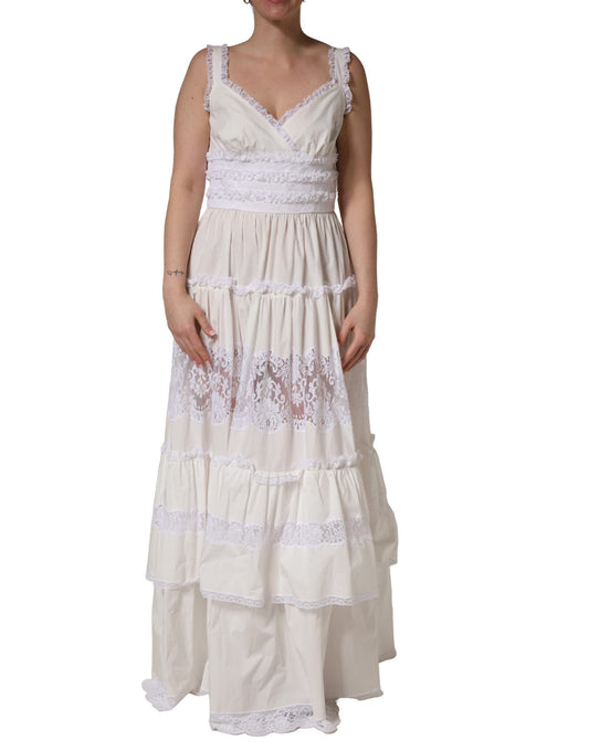 Dolce & Gabbana White Cotton Sleeveless Lace Maxi Dress