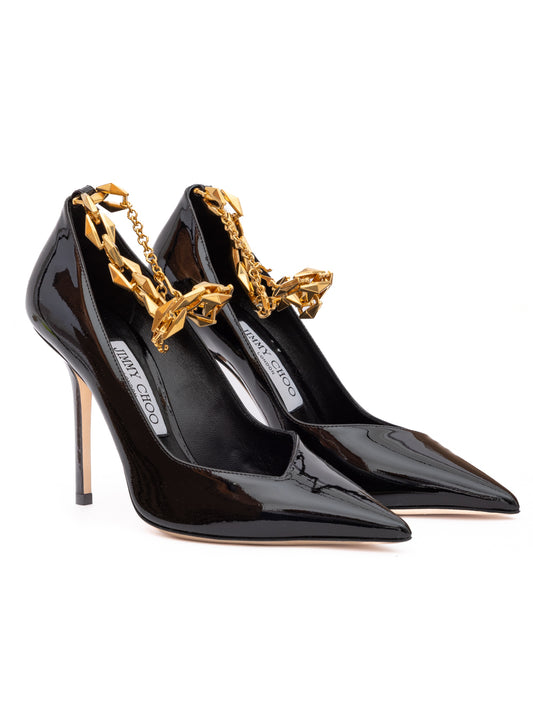 Jimmy Choo Black Patent Leather Diamond Talura 100 Pumps