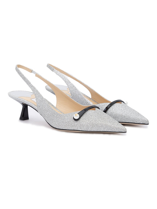 Jimmy Choo Silver Fine Glitter Amita 45 Slingback Pumps