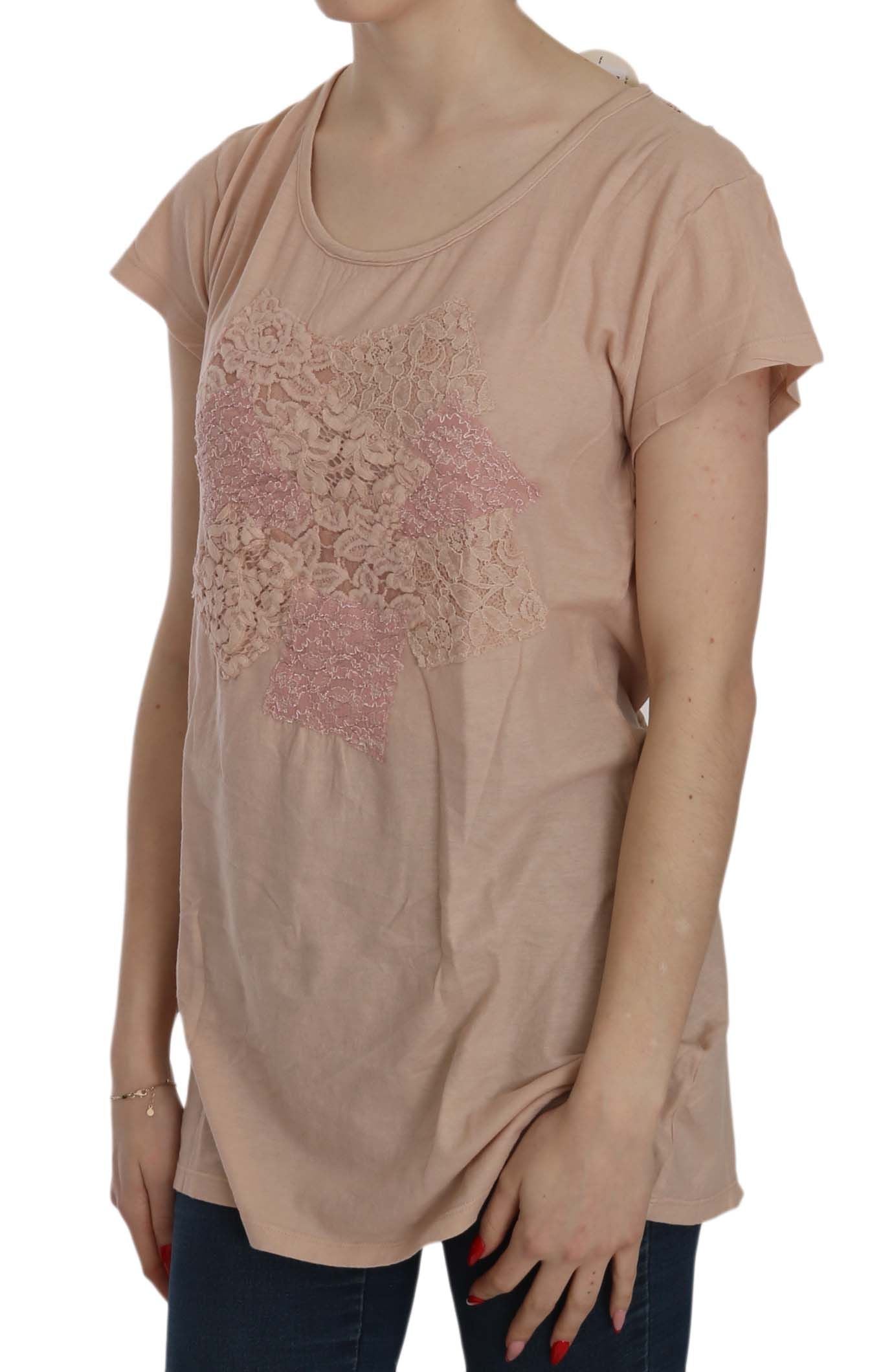 PINK MEMORIES Pink Cream Lace Short Sleeve Shirt Top Cotton Blouse