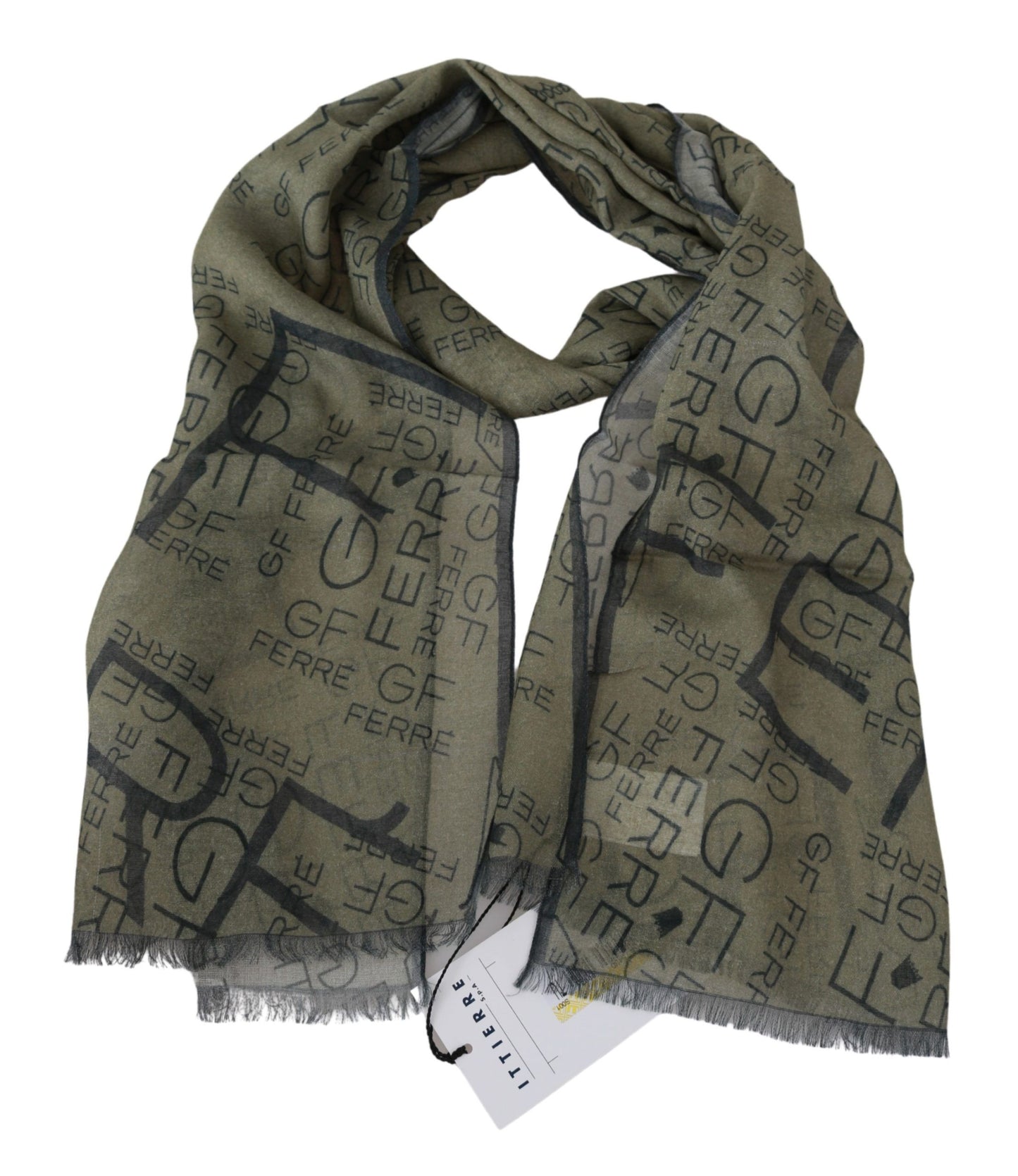 GF Ferre Green Wool Viscose Foulard Patterned Branded Scarf