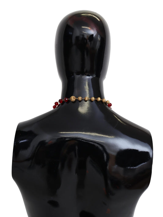 Dolce & Gabbana Gold Tone Brass Red Crystals Pendant Opera Chain Necklace