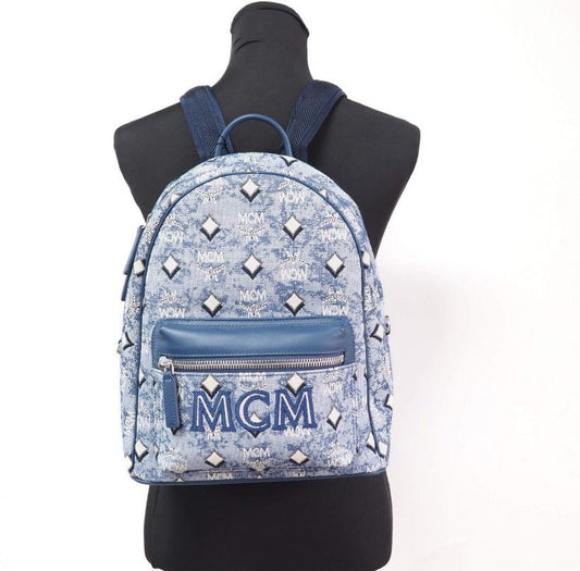 MCM Stark Small Blue Vintage Jacquard Monogram Logo Fabric Backpack Bookbag Womens Backpack