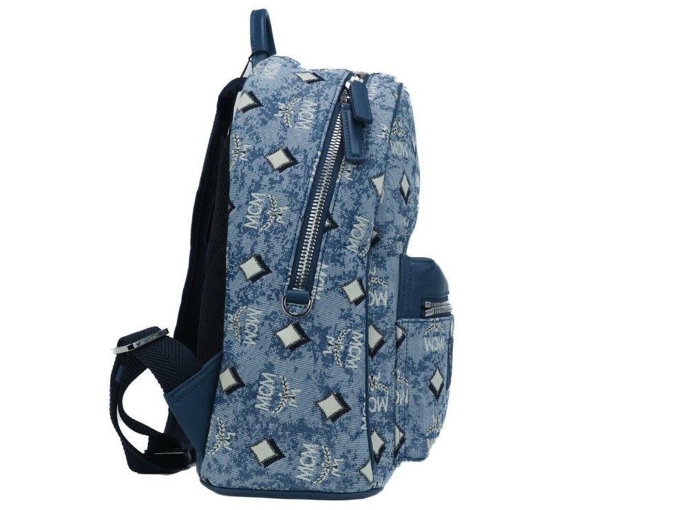 MCM Stark Small Blue Vintage Jacquard Monogram Logo Fabric Backpack Bookbag Womens Backpack