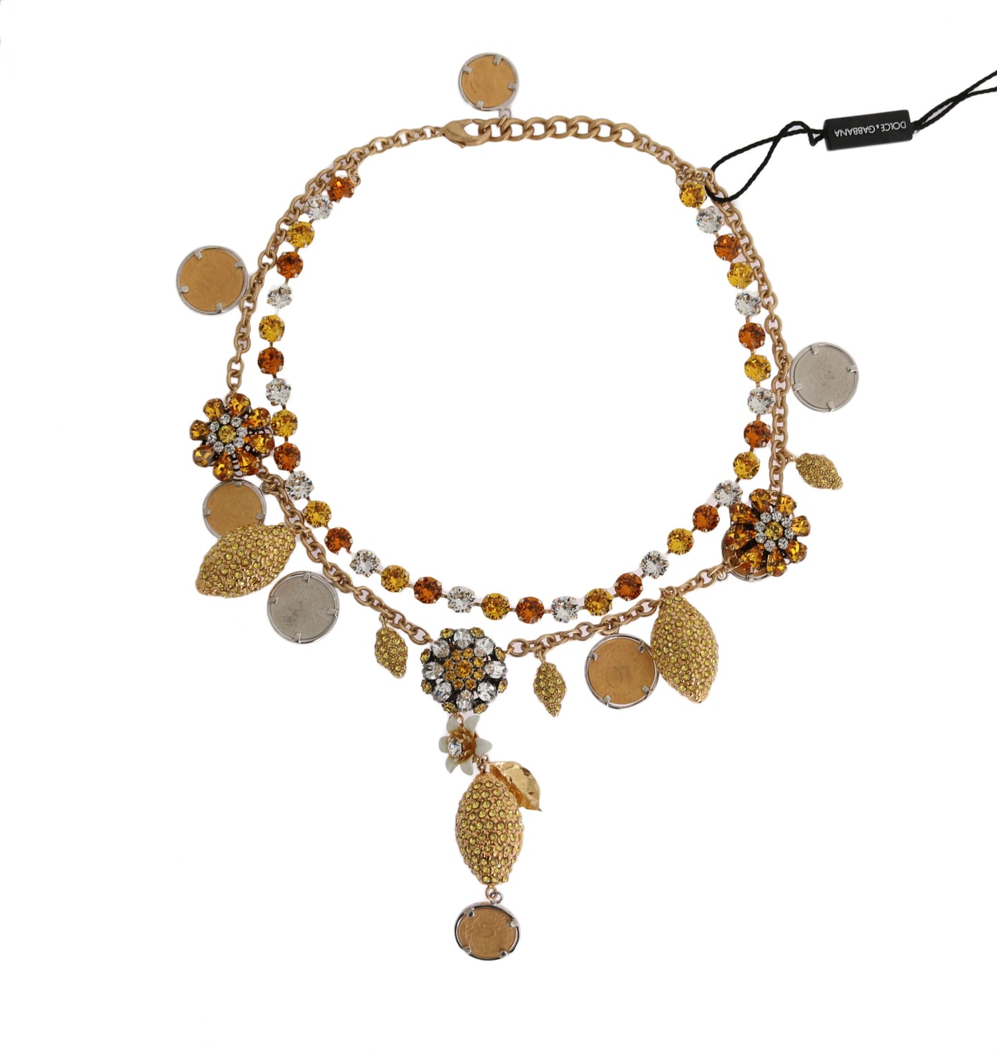 Dolce & Gabbana Gold Brass Crystal Logo Pineapple Statement Necklace Womens Necklace