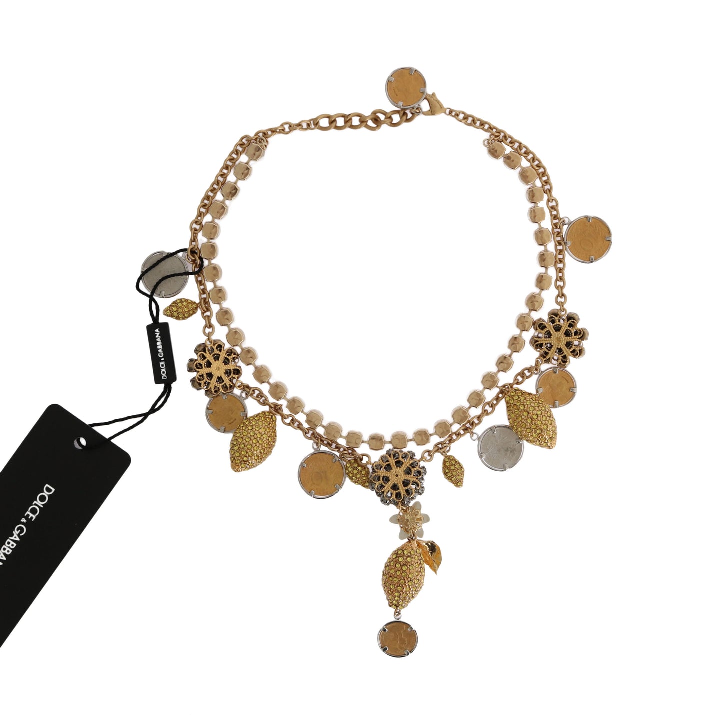 Dolce & Gabbana Gold Brass Crystal Logo Pineapple Statement Necklace Womens Necklace
