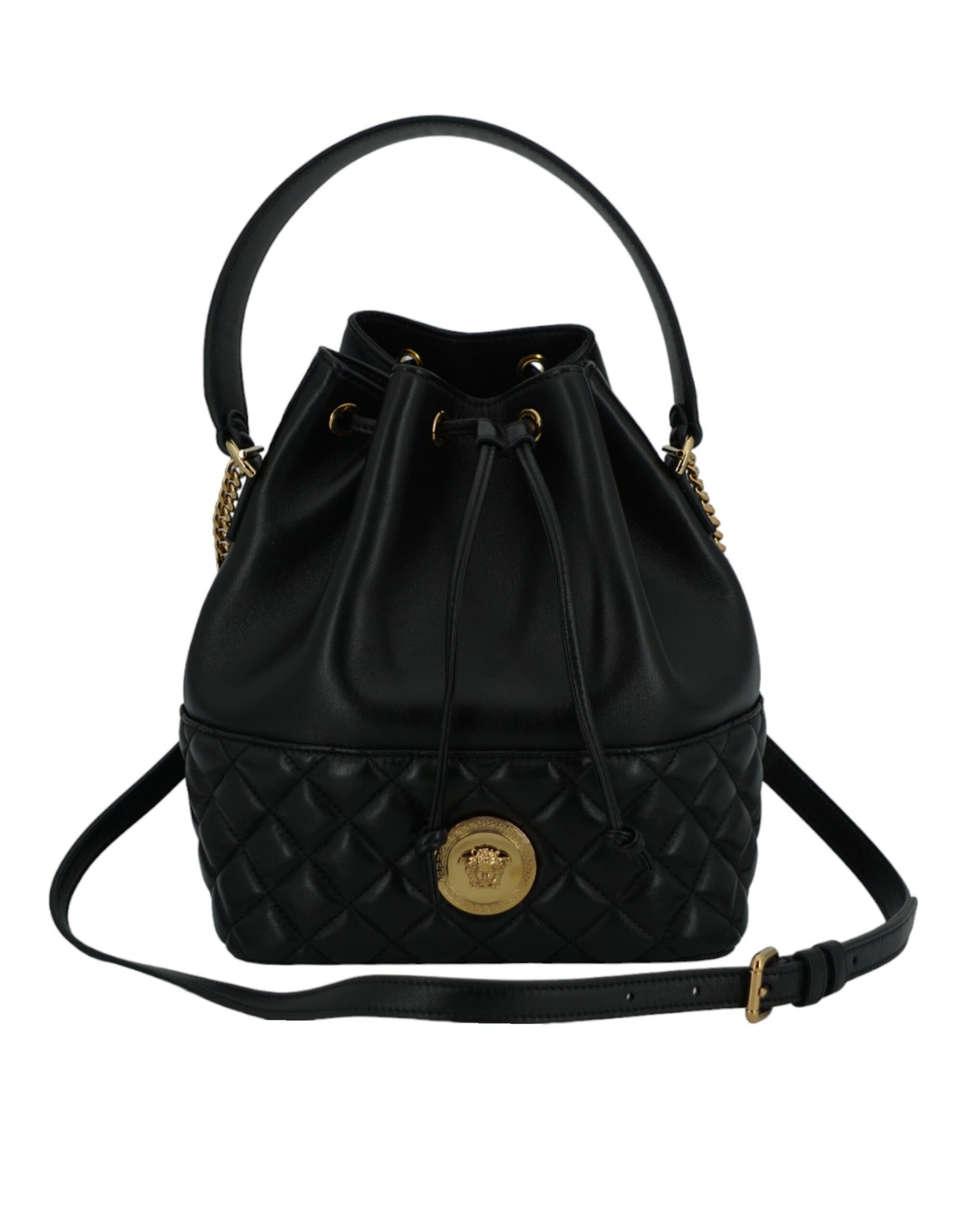 Versace Elegant Black Leather Medusa Bucket Shoulder Bag Womens Shoulder Bag