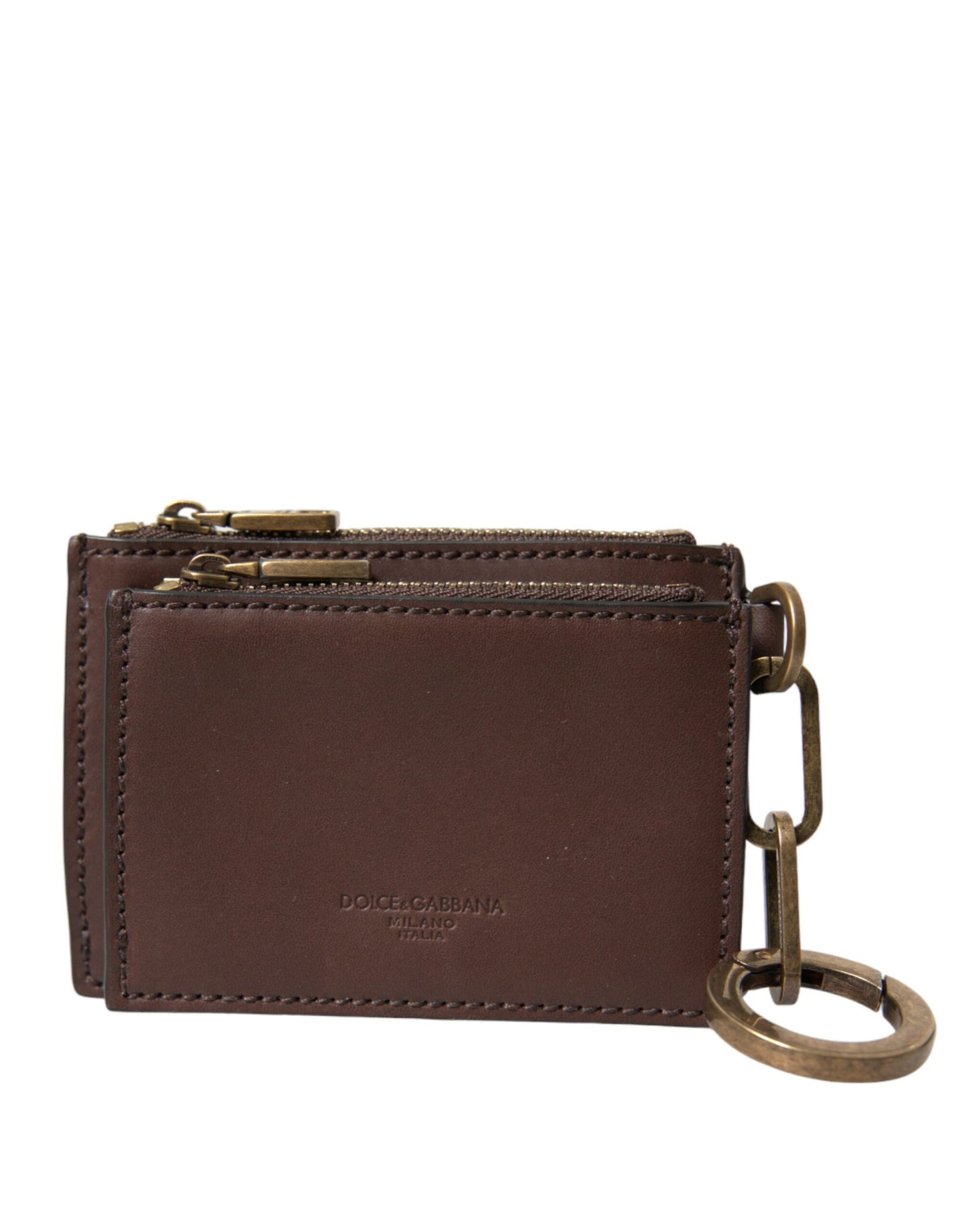 Dolce & Gabbana Brown Leather Zip Logo Keyring Coin Purse Keyring Wallet Mens Wallet