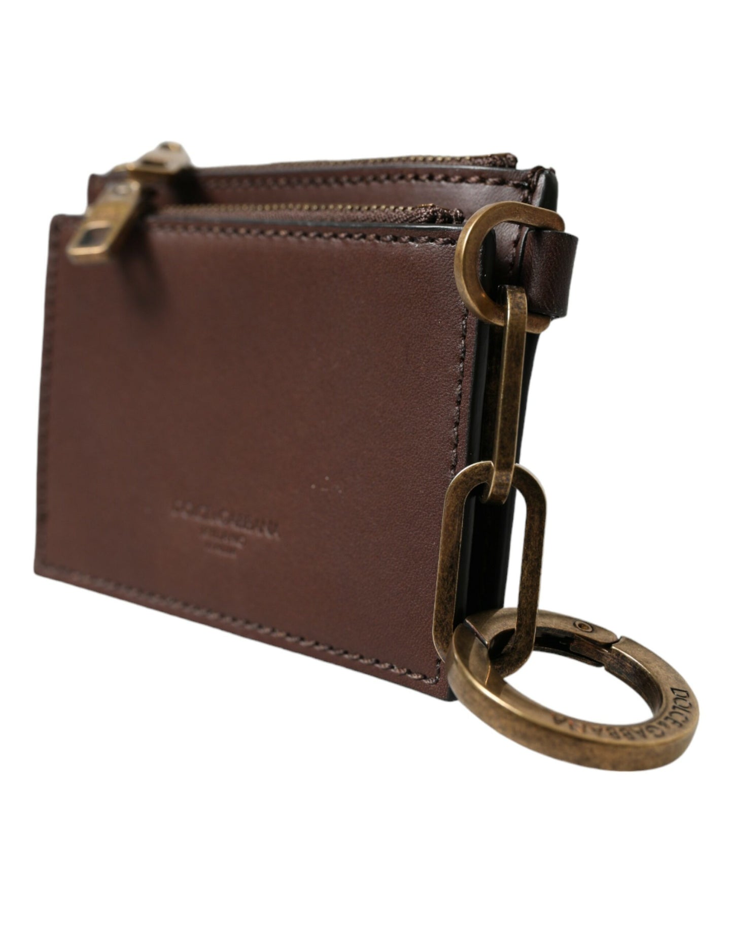 Dolce & Gabbana Brown Leather Zip Logo Keyring Coin Purse Keyring Wallet Mens Wallet