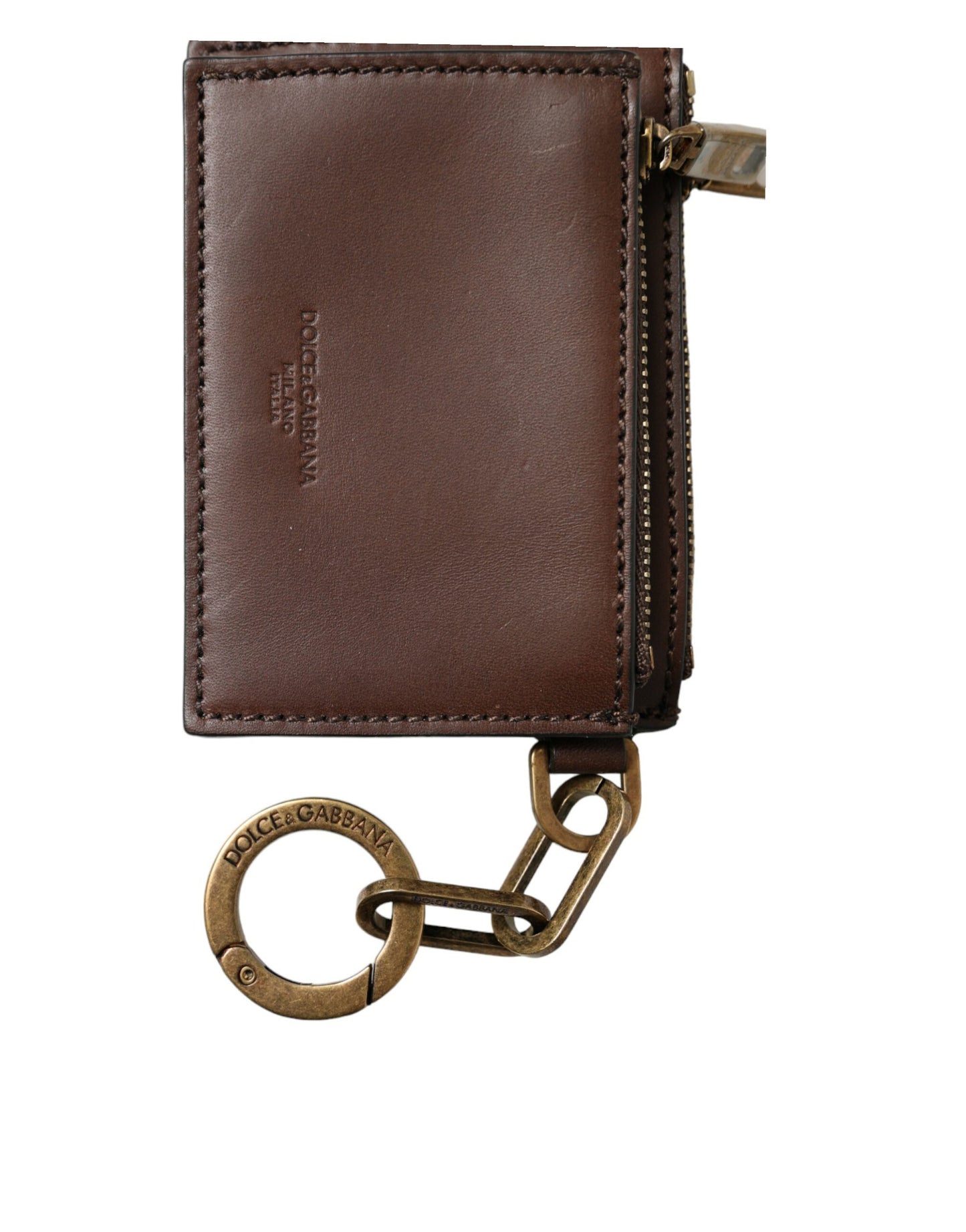 Dolce & Gabbana Brown Leather Zip Logo Keyring Coin Purse Keyring Wallet Mens Wallet