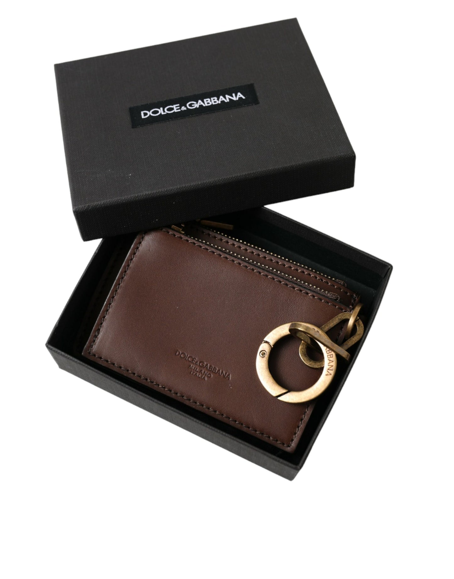 Dolce & Gabbana Brown Leather Zip Logo Keyring Coin Purse Keyring Wallet Mens Wallet