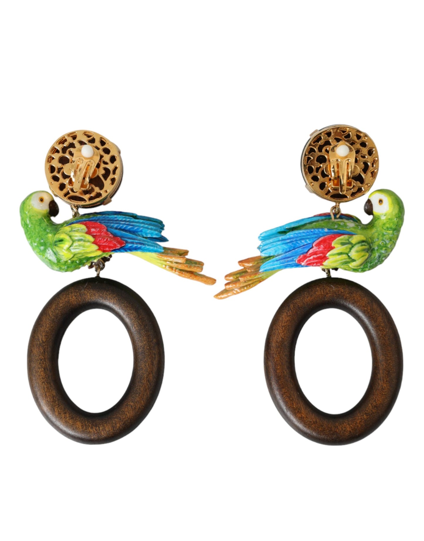Dolce & Gabbana Multicolor Parrot Wood Brass Crystal Embellished Earrings Womens Earrings