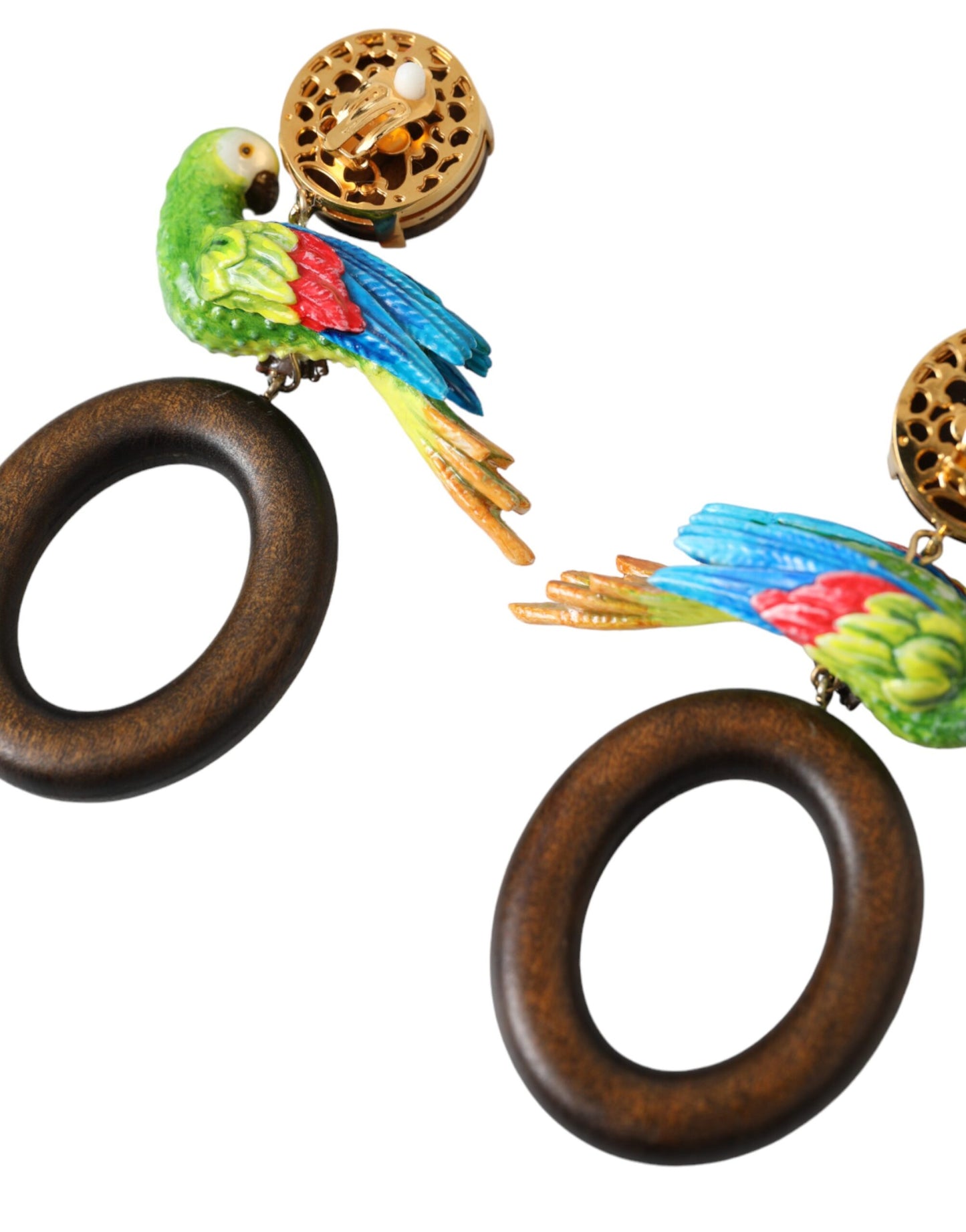 Dolce & Gabbana Multicolor Parrot Wood Brass Crystal Embellished Earrings Womens Earrings