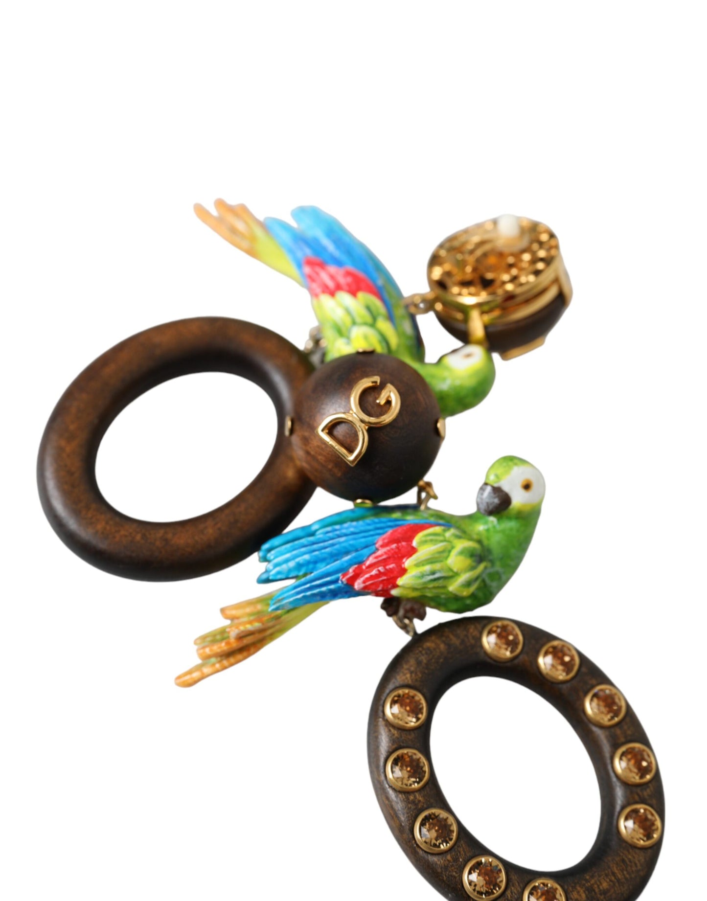 Dolce & Gabbana Multicolor Parrot Wood Brass Crystal Embellished Earrings Womens Earrings