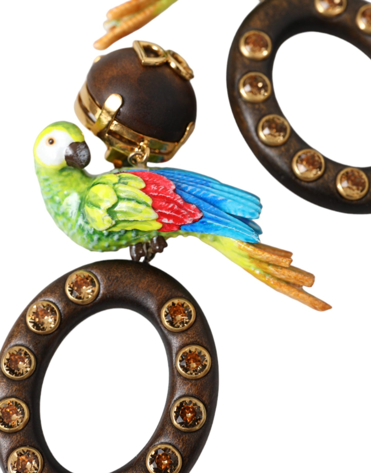 Dolce & Gabbana Multicolor Parrot Wood Brass Crystal Embellished Earrings Womens Earrings
