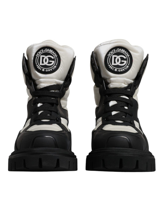 Dolce & Gabbana Black White Padded Mid Calf Lace Up Boots Shoes