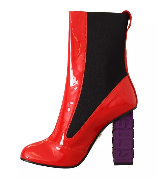 GCDS Red Leather Black Fabric Logo Heel Ankle Boots Shoes
