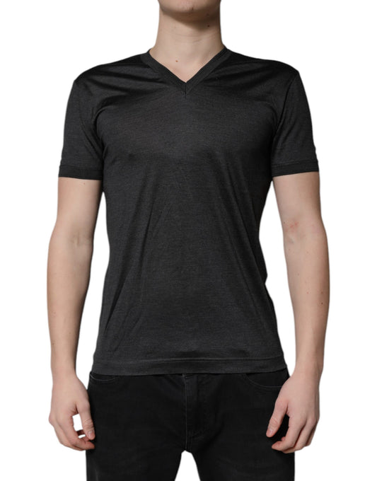 Dolce & Gabbana Dark Gray Silk V-neck Short Sleeves T-shirt