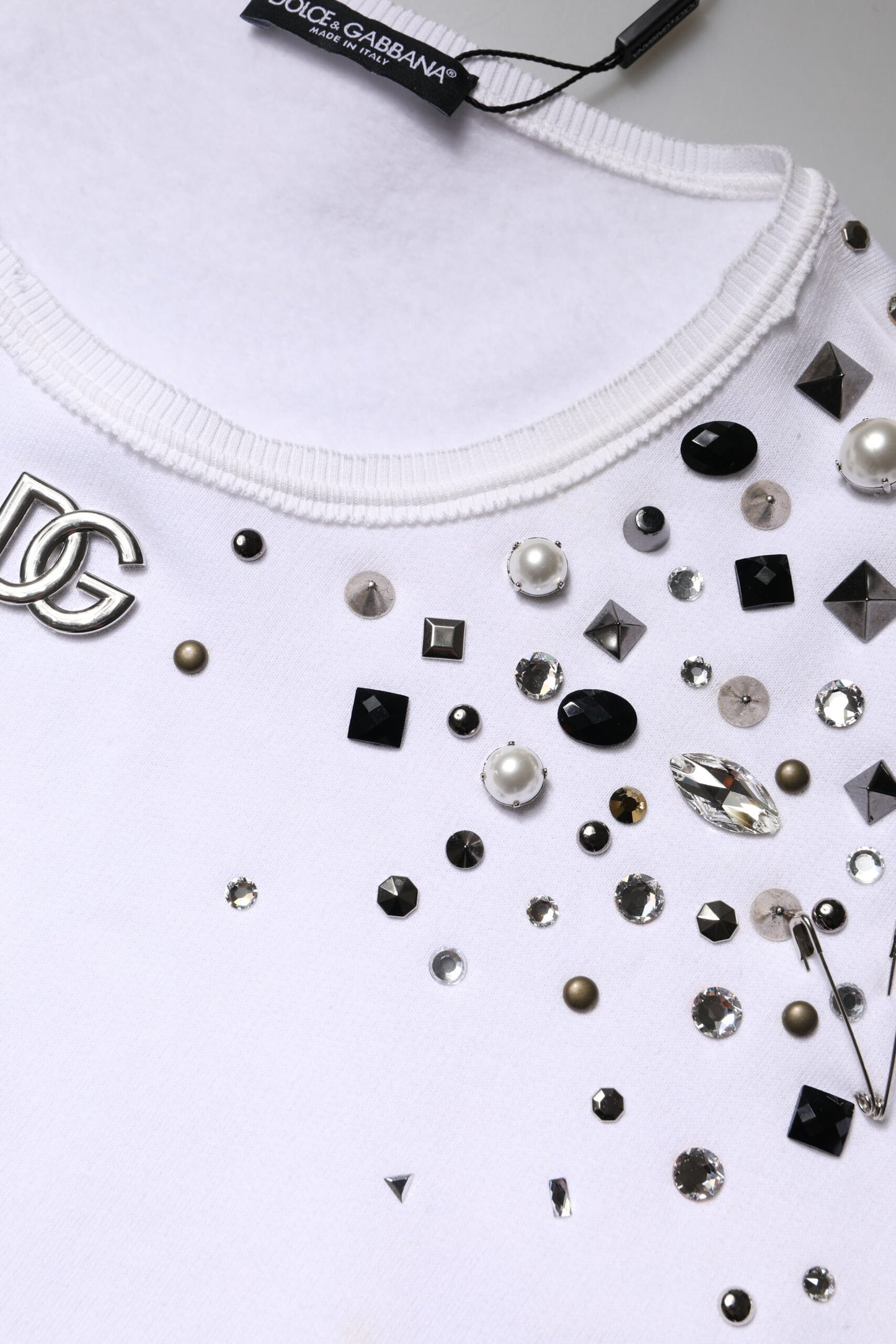 Dolce & Gabbana White Embellished Long Sleeve Cropped Sweater