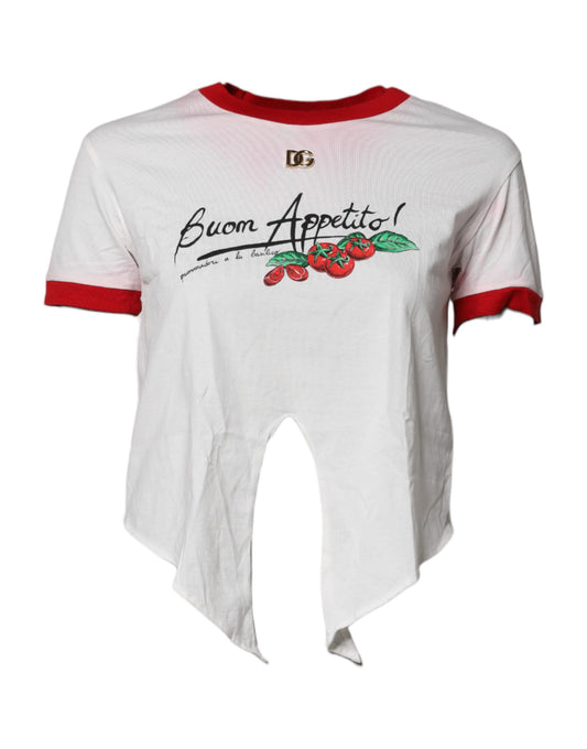 Dolce & Gabbana White Printed Round Neck Cropped Top T-shirt