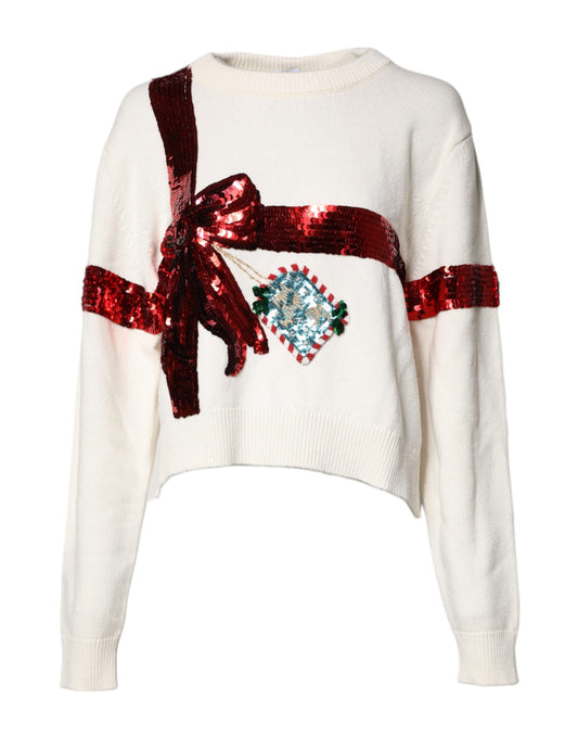 Dolce & Gabbana White Sequined Crew Neck Pullover Sweater