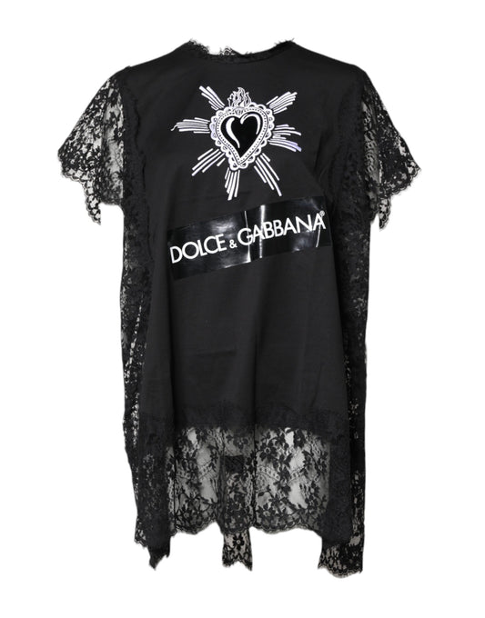 Dolce & Gabbana Black Lace Sheer Sacred Heart Crew Neck Top