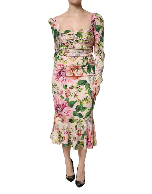 Dolce & Gabbana Pink Floral Silk Fit And Flared Midi Dress