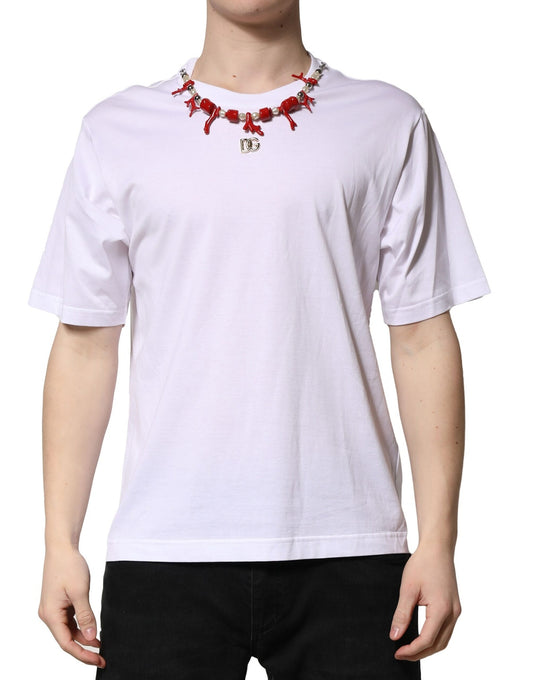 Dolce & Gabbana White Embellished Cotton Crew Neck T-shirt Mens T-Shirt