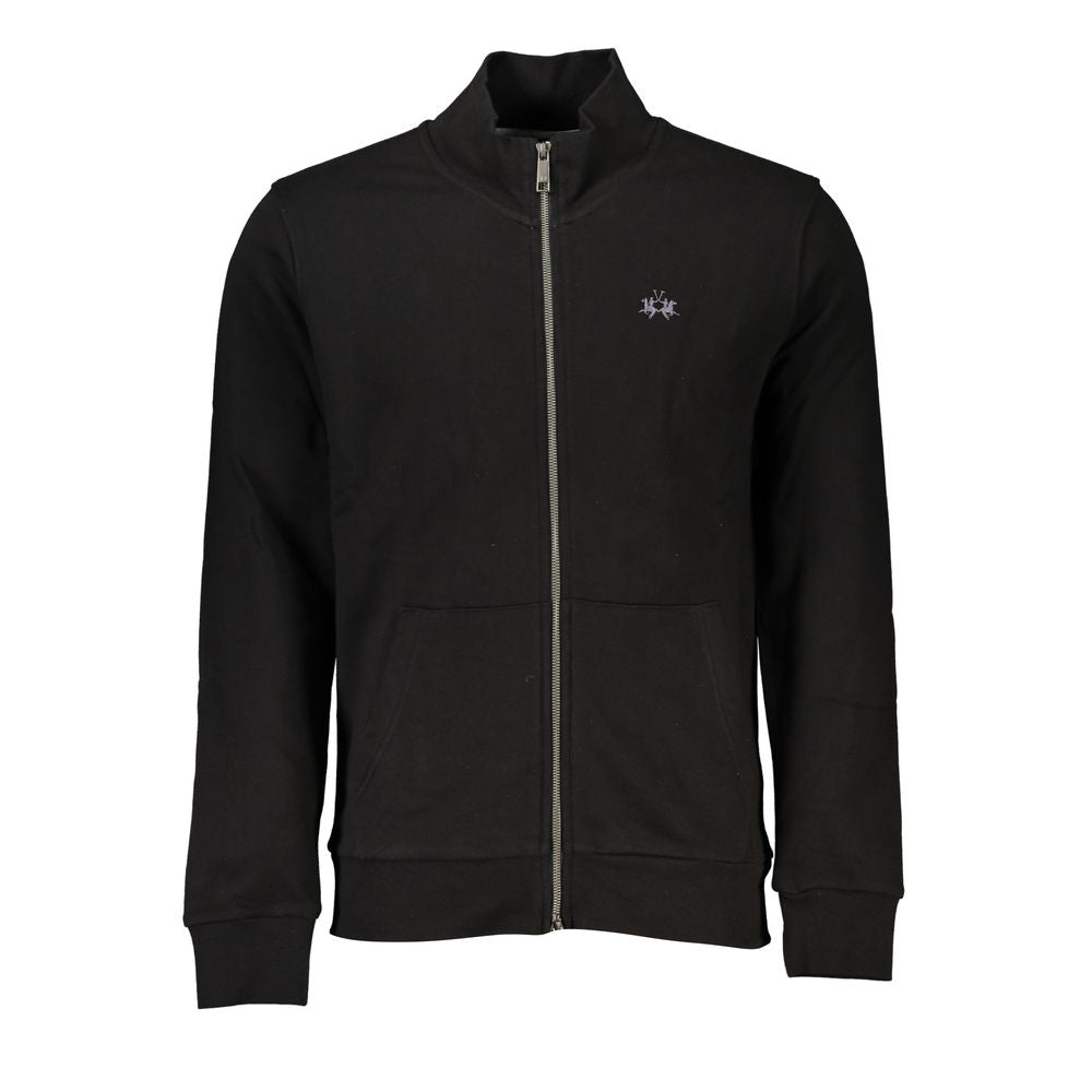 La Martina Black Cotton Men Sweater with Central Pockets and Zip Mens Sweater