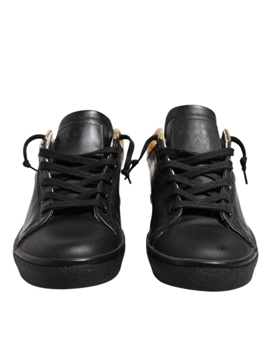 Leather Crown Black Gold Lace Up Low Top Women Sneakers Shoes