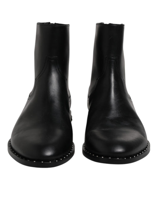 Dolce & Gabbana Black Leather Logo Ankle Boots Studded Shoes