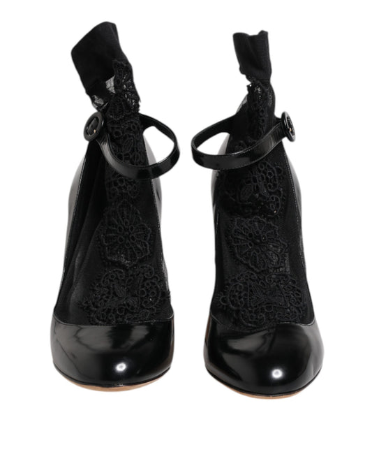 Dolce & Gabbana Black Leather Lace Socks Heels Pumps Shoes
