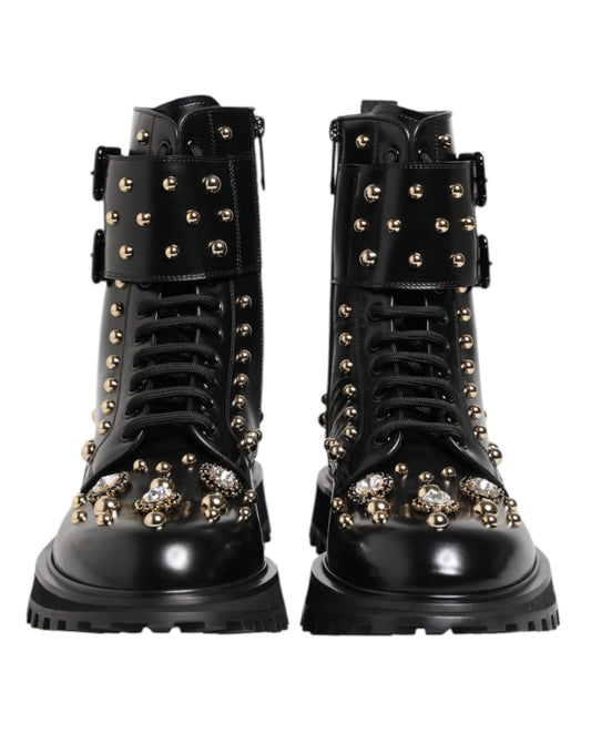 Dolce & Gabbana Black Studded Lace Up Mid Calf Boots Shoes