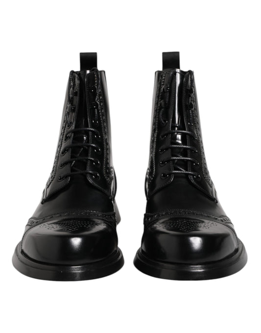 Dolce & Gabbana Black Leather Lace Up Mid Calf Boots Shoes