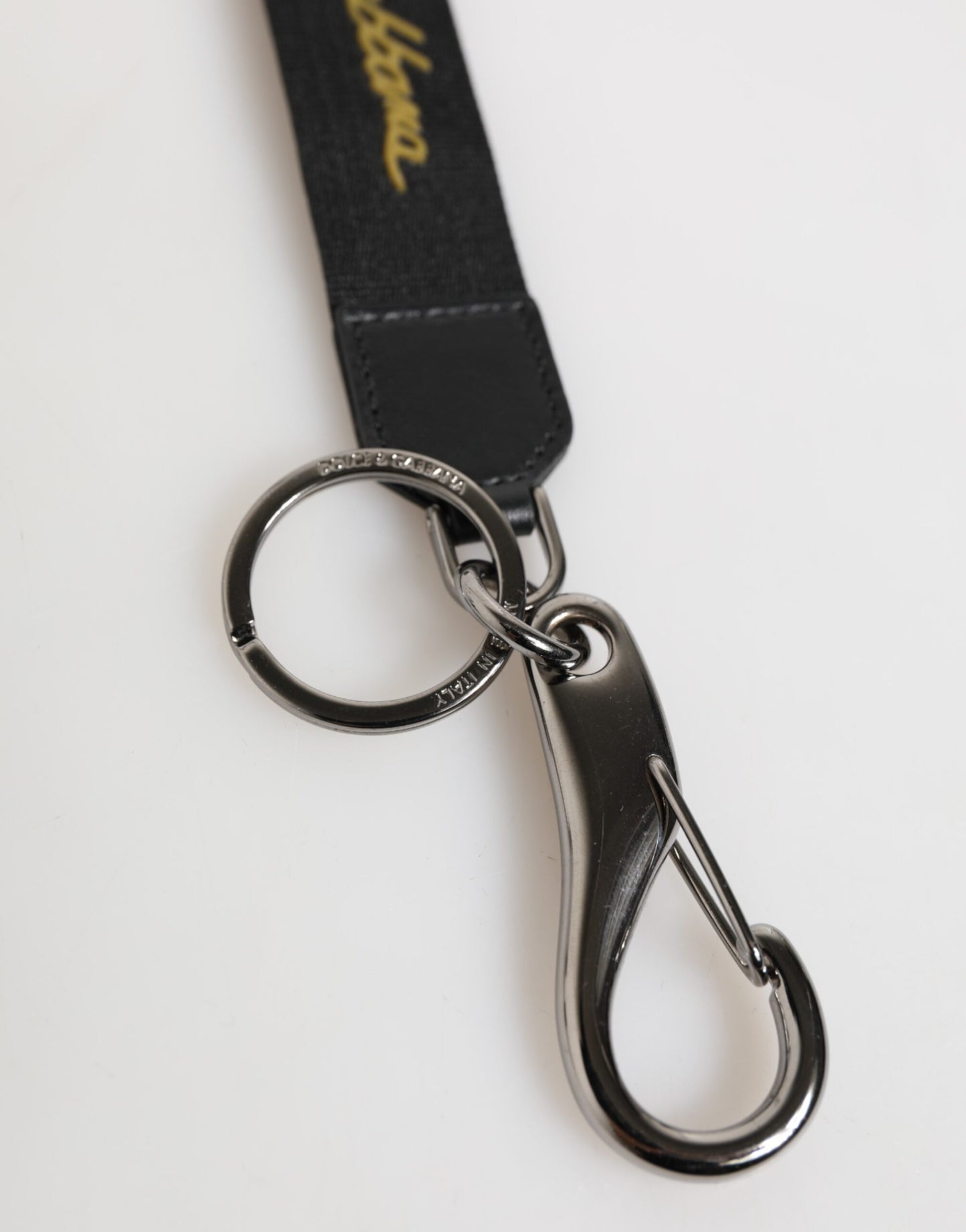 Dolce & Gabbana Black Yellow Polyester DG Logo Silver Keychain Keyring Mens