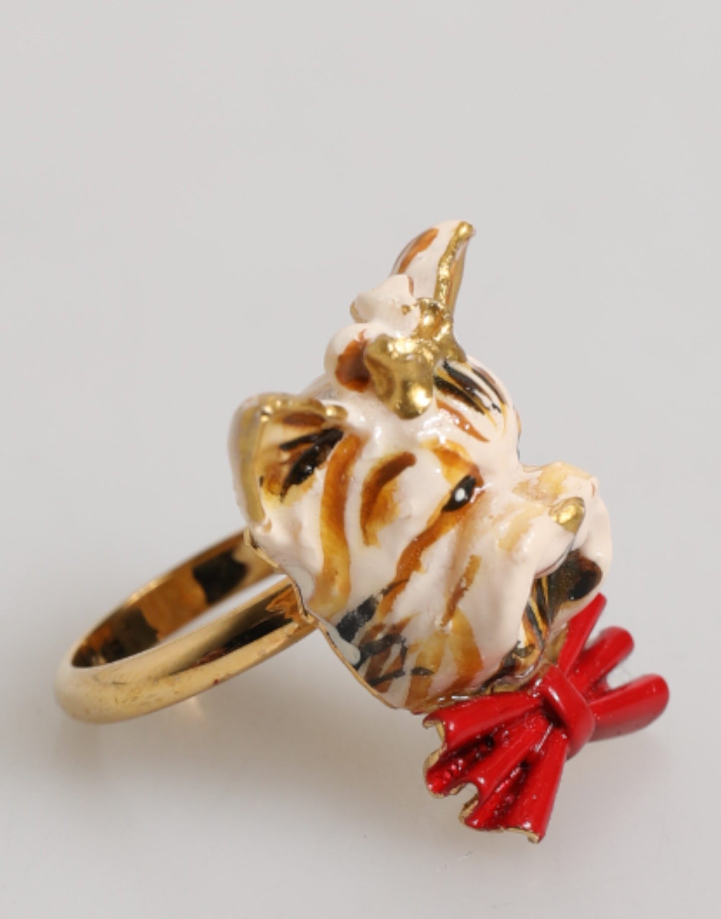 Dolce & Gabbana Gold Brass Resin Beige Dog Pet Accessory Ring Womens Ring