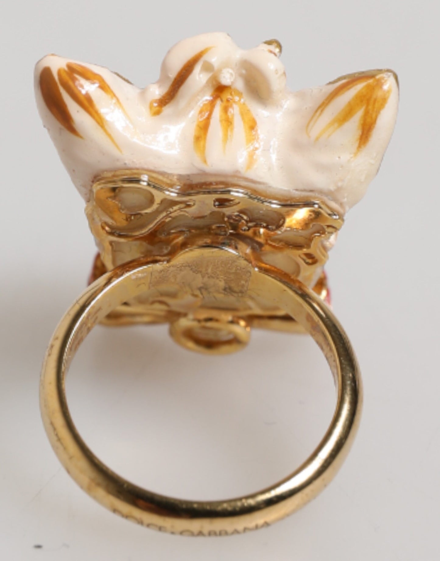 Dolce & Gabbana Gold Brass Resin Beige Dog Pet Accessory Ring Womens Ring