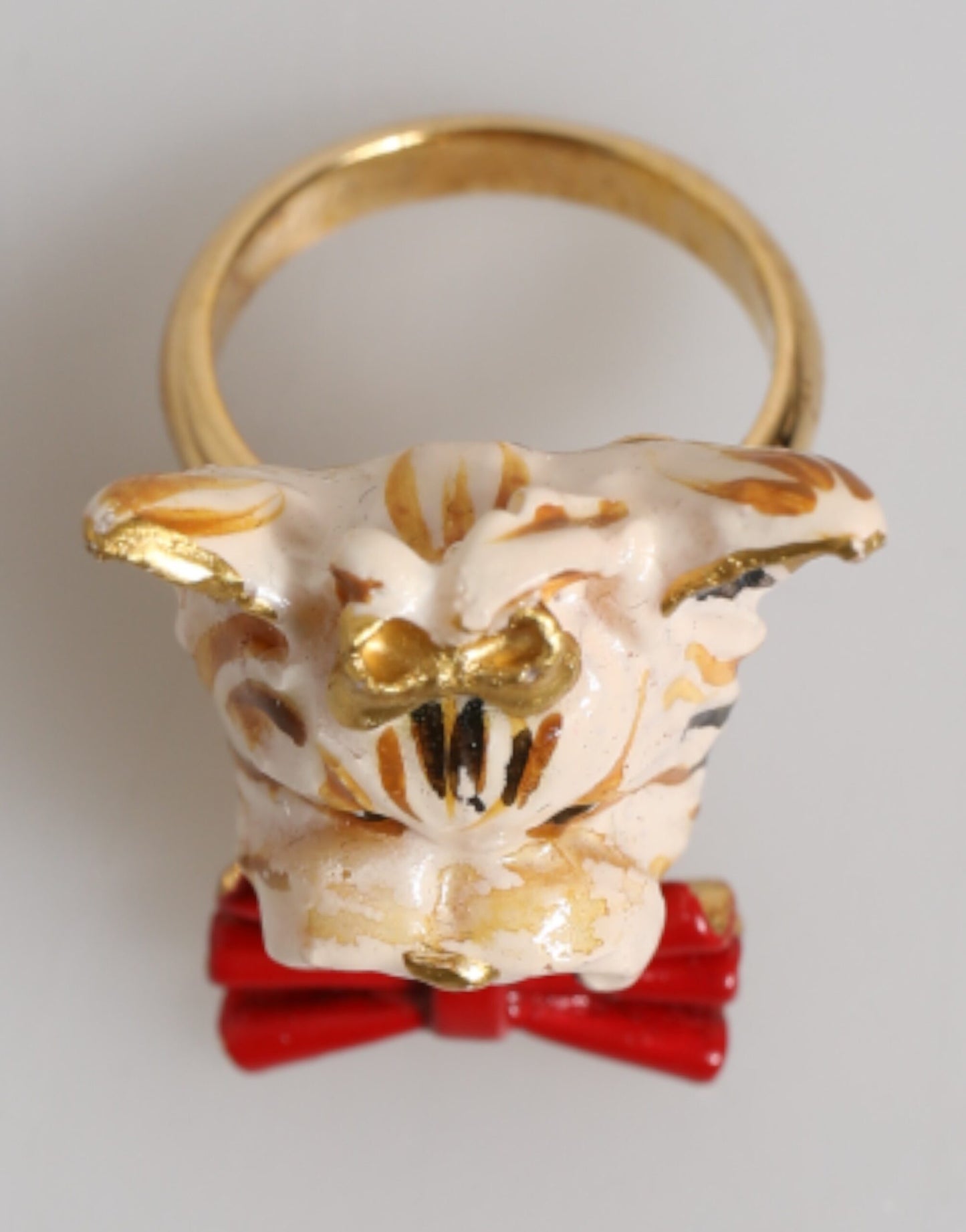 Dolce & Gabbana Gold Brass Resin Beige Dog Pet Accessory Ring Womens Ring