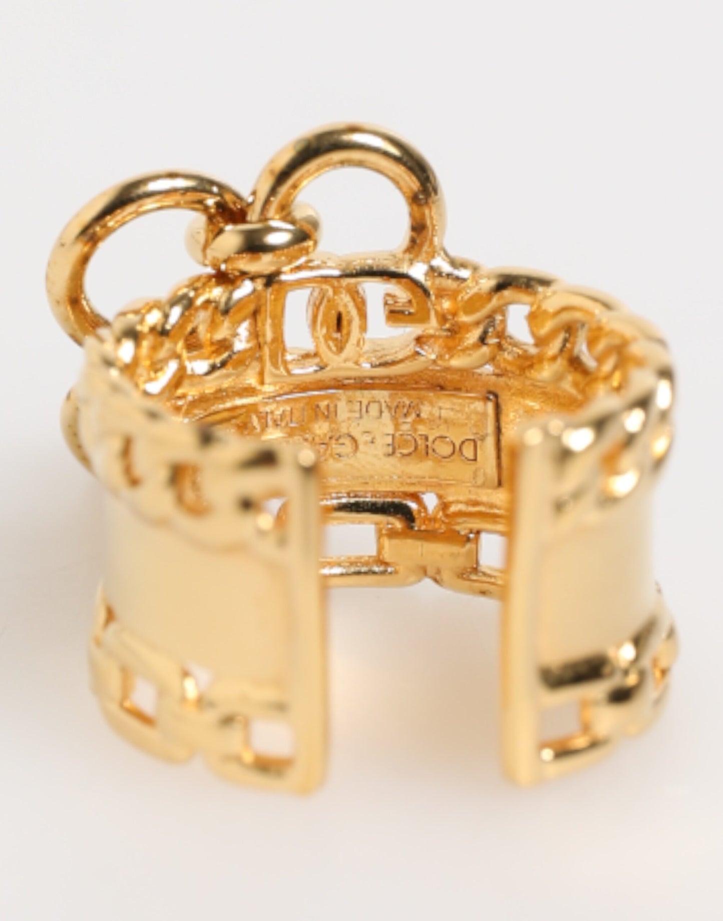 Dolce & Gabbana Gold Tone Brass Logo Chain Clear Crystals Adjustable Ring Womens Ring Mens Ring