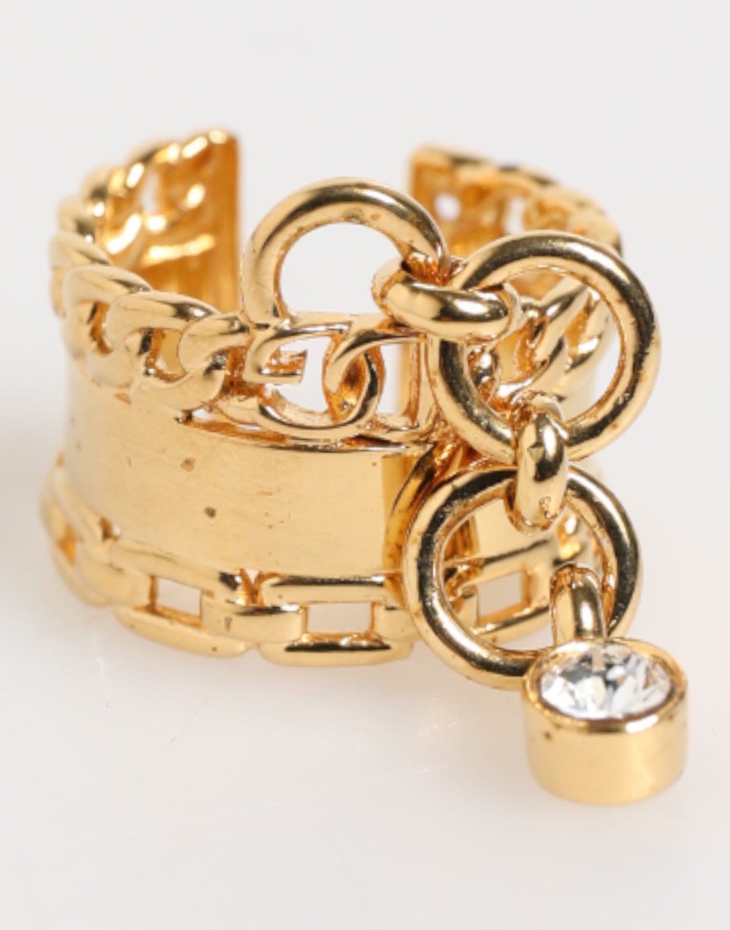 Dolce & Gabbana Gold Tone Brass Logo Chain Clear Crystals Adjustable Ring Womens Ring Mens Ring