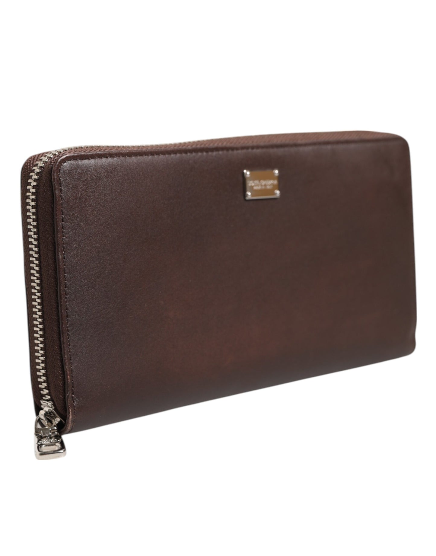 Dolce & Gabbana Brown Calfskin Leather Logo Zip Around Continental Wallet Mens Wallet