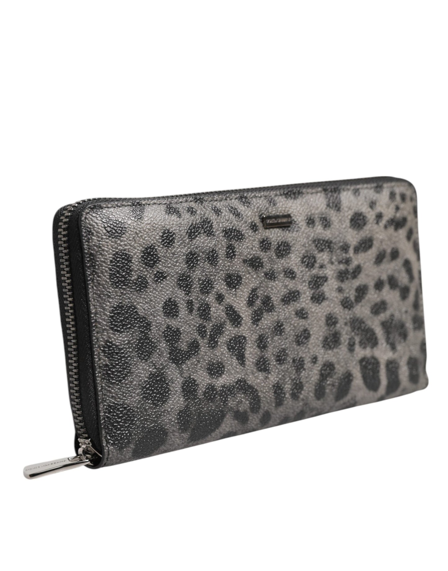 Dolce & Gabbana Black Gray Leopard Leather Zip Around Continental Wallet Mens Wallet