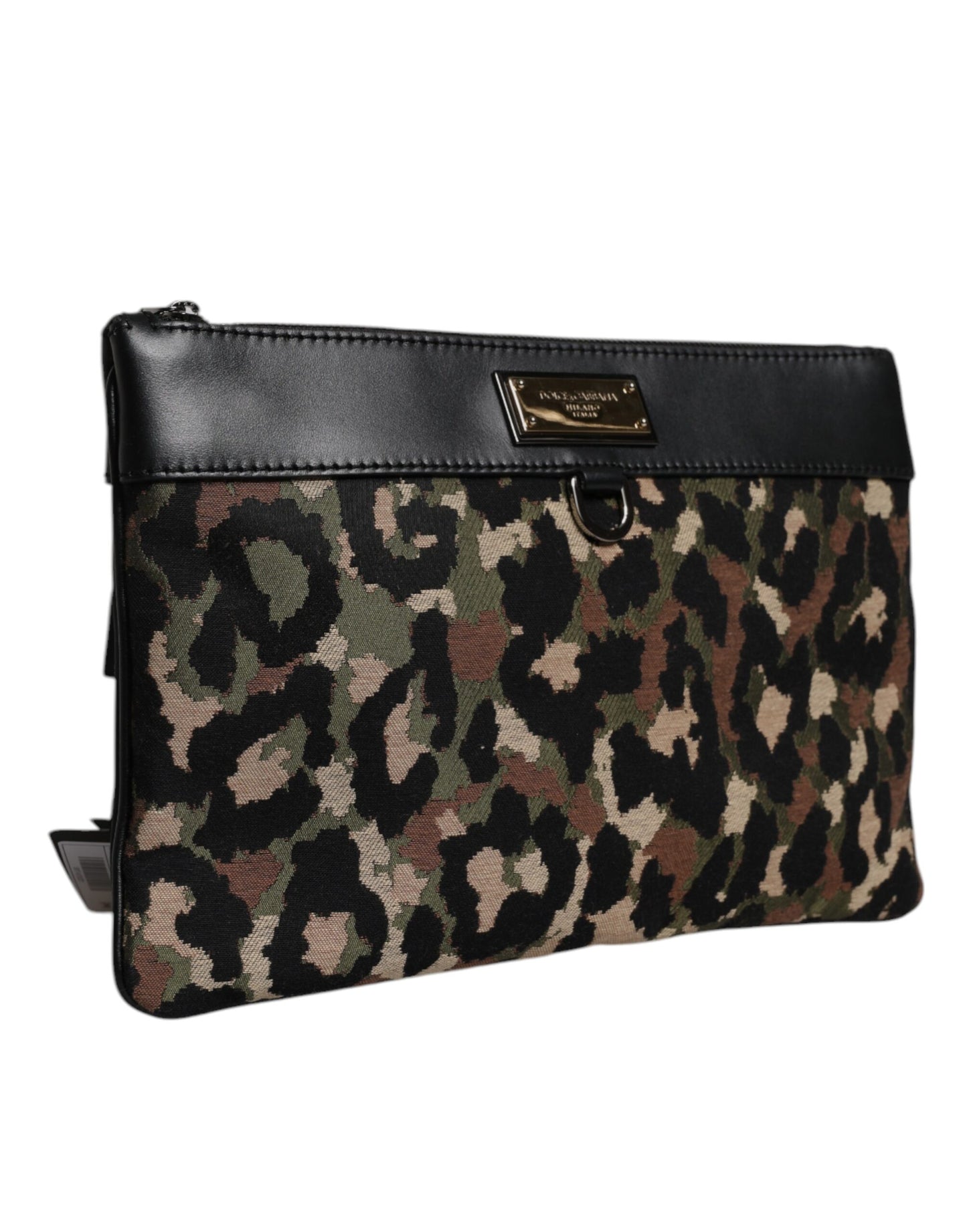 Dolce & Gabbana Multicolor Leopard Print Jacquard Logo Plaque Pouch Bag Mens Clutch Bag