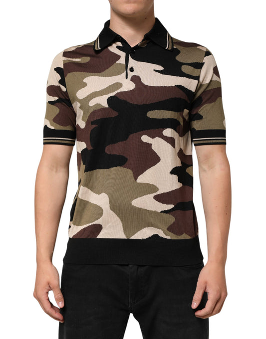 Dolce & Gabbana Camouflage Brown Silk Military Polo T-shirt