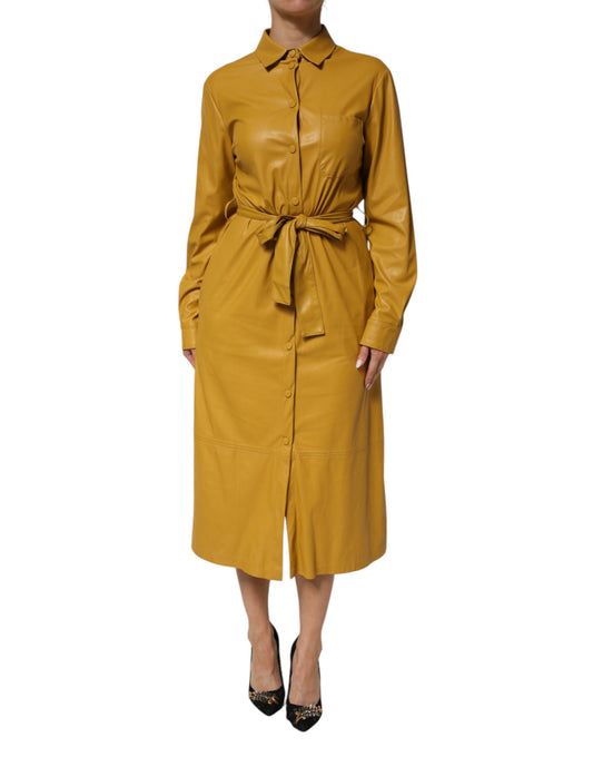 PINKO Polyester Belted Shirt Midi Long Sleeve Yellow Mustard