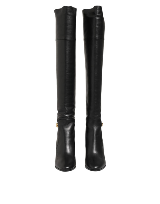 Dolce & Gabbana Black Leather Over-The-Knee DG Boots Shoes