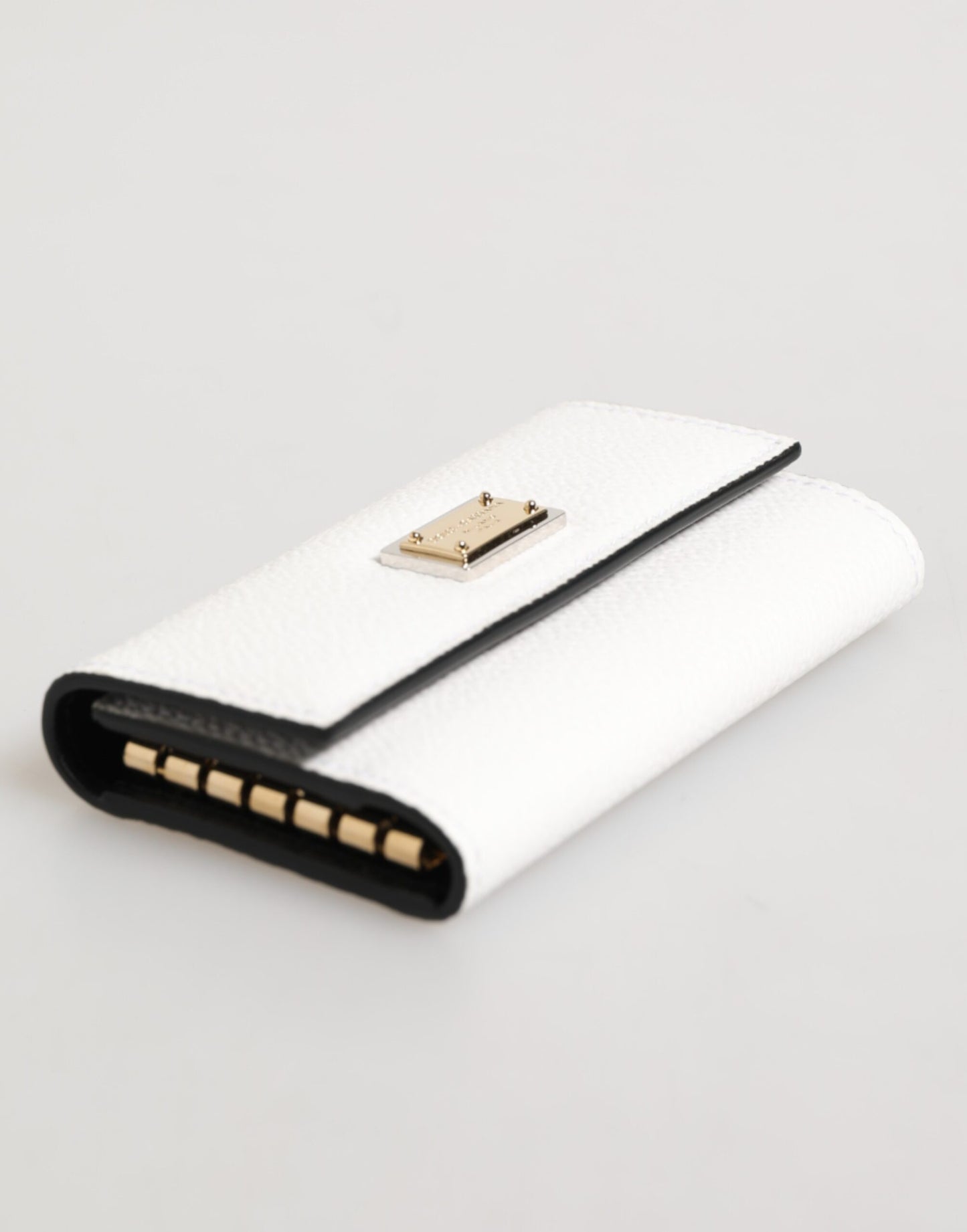 Dolce & Gabbana White Leather Card Case Holder Wallet Gold Logo Plate Key Holder Mens Wallet