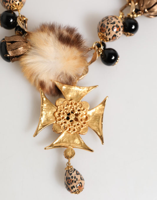 Dolce & Gabbana Gold Black Crystals Lapin Fur Filigree Choker Necklace
