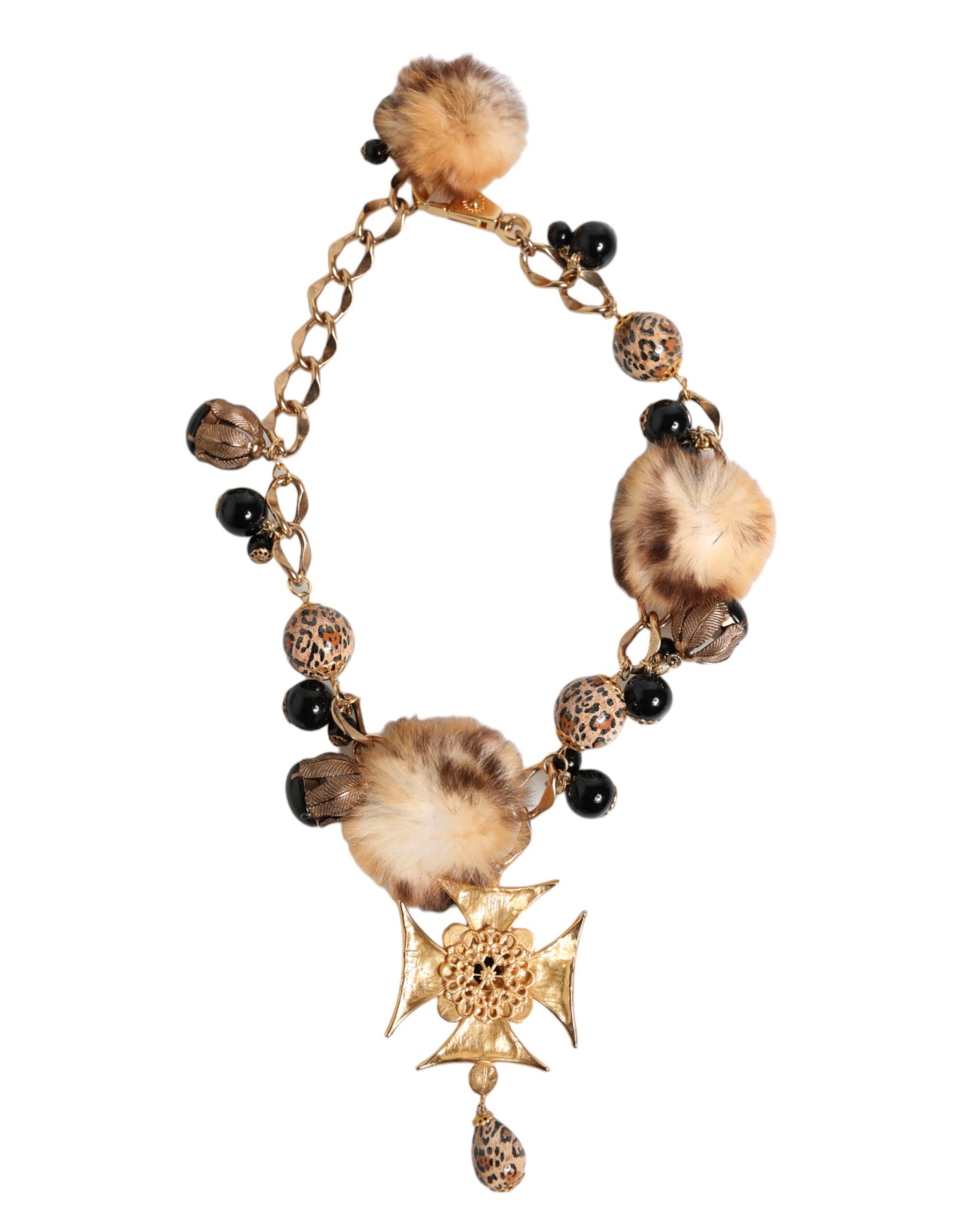 Dolce & Gabbana Gold Black Crystals Lapin Fur Filigree Choker Necklace Womens Necklace